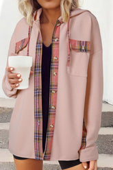 Waffle Knit Plaid Patchwork Drawstring Hooded Shacket OutfitFlow
